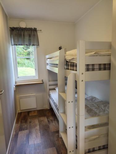 a room with four bunk beds and a window at Tärnaby Sportstugor in Tärnaby