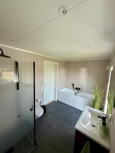 a bathroom with a tub and a toilet and a sink at Peaceful retreat in Lofoten in Sennesvik