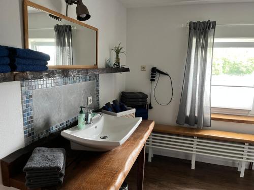 a bathroom with a sink and a mirror at Zum alten Rittergut in Malschwitz