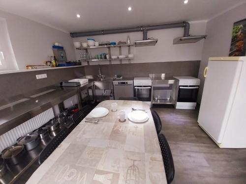 une cuisine avec une table avec des chaises et un réfrigérateur dans l'établissement Einzelzimmer mit Bad HG 3, à Zwickau