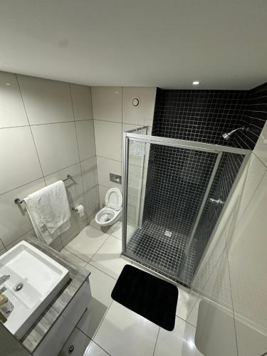 a bathroom with a shower and a sink and a toilet at MariSal at 77 Independence avenue CBD in Windhoek