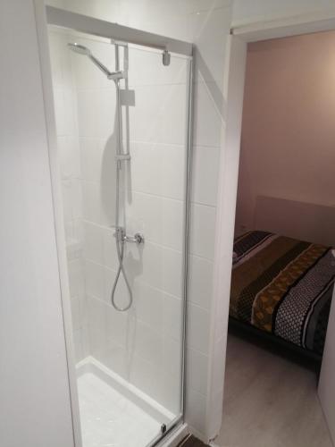 a shower with a glass door in a bathroom at studio indépendant in Salles-la-Source