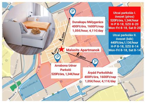 a map of the city of madrid with descriptions of a bedroom at Malasits 2 private room with shared bathroom in Győr