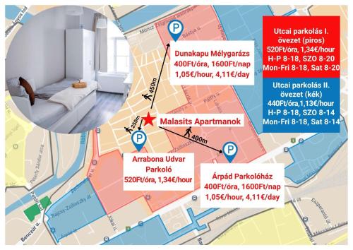 a map of the city of madrid with descriptions of attractions at Malasits 1 private room with shared bathroom in Győr
