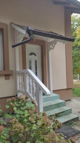 a house with stairs leading to a door at Platan Apartman in Palić