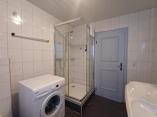 a bathroom with a washing machine and a shower at Hochtenn Lodge in Zell am See - Steinbock Lodges in Zell am See