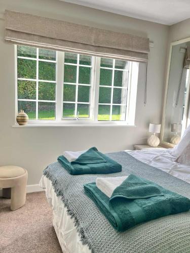 a bedroom with a bed with green pillows on it at Ty Newydd in Llangyniew