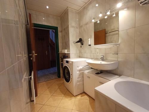 ein Badezimmer mit Waschmaschine und Waschbecken in der Unterkunft The Steinbock Lodge with garden and bbq in Zell am See