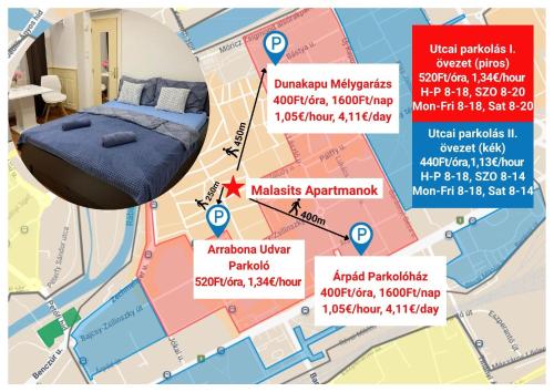 a map of the city of madrid with different types of beds at Malasits Apartman in Győr