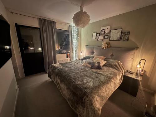 a bedroom with a bed with a person laying on it at Lapland Riverside Home in Rovaniemi