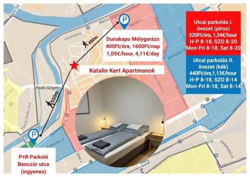 a map of a room with a bed in it at KatalinKert Apartman 2 in Győr