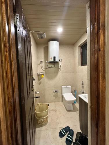 une salle de bain avec toilettes et lavabo dans l'établissement Cliffside cottage, à Tangmarg