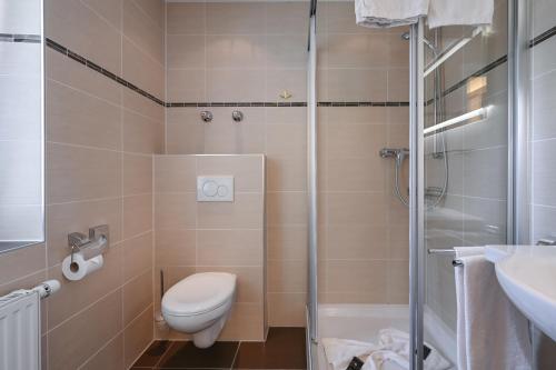 a bathroom with a toilet and a shower and a sink at Hotel Ludwigs in Füssen