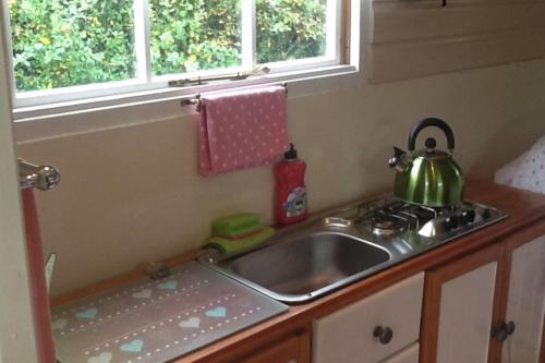 a kitchen sink with a green tea kettle on it at 1Bed Cabin Sleeps 2- Parking Fireplace Garden Pets in Lizard