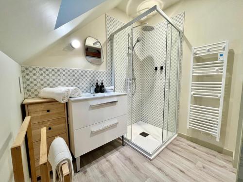 a bathroom with a shower and a sink at Porterie du château Clim Wifi Terrasse Bord Loire in Gennes