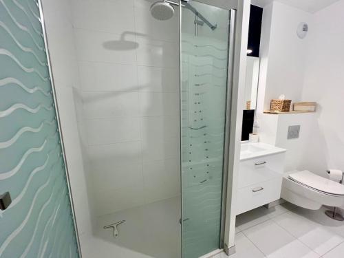 een badkamer met een douche, toilet en wastafel bij Studio Design & Cosy - Accès Ile de Ré & Plages - WIFI PARKING GRATUIT in La Rochelle