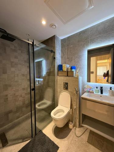 a bathroom with a toilet and a shower and a sink at Appartement modern a malabata hills in Tangier