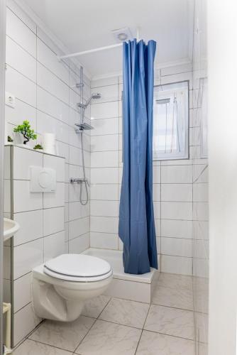 a bathroom with a toilet and a blue shower curtain at Apartment Kreslin in Vantačići
