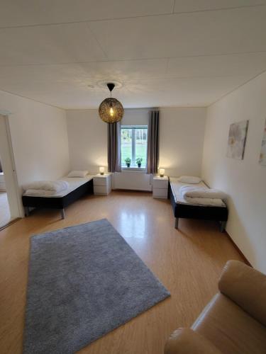 a living room with two beds and a rug at Livning Horndal in Horndal