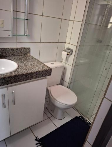 a bathroom with a toilet and a glass shower at Apartamento térreo com 2 quartos e jardim in Teresina