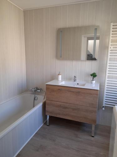 a bathroom with a sink and a tub and a mirror at Maison avec jacuzzi et jardin privé, proche plage in Le Pradet