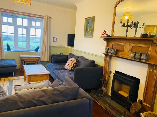 un soggiorno con divano e camino di Coastguard Cottage a Ventnor