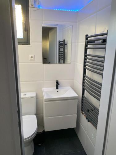 a white bathroom with a toilet and a sink at Cozy apartment in Hagen