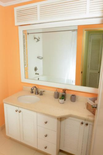 a bathroom with a sink and a large mirror at Prime Location Villa -Sleeps 7 -Private Pool & Gym -Peace & Comfort in Richmond