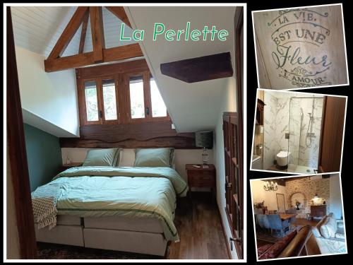 twee foto's van een slaapkamer met een bed in een kamer bij Domaine Le Verger Chambres dhotes de Charme avec Hammam a Saint Estephe in Saint-Estèphe