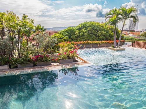 カルタヘナ・デ・インディアスにあるBastión Luxury Hotelの建物の上に花や植物が植えられたプール