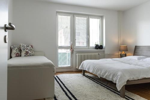a white bedroom with a bed and a window at apartmán NA NOC V BOHDANČI in Lázně Bohdaneč