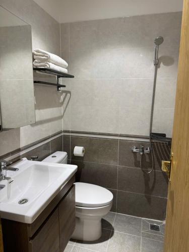 a bathroom with a toilet and a sink and a shower at High-class apartment with beautiful view in Ấp Ðông An (1)