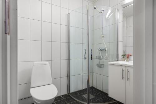 a bathroom with a shower with a toilet and a sink at Fjellheim Kurs- og Misjonssenter in Tromsø
