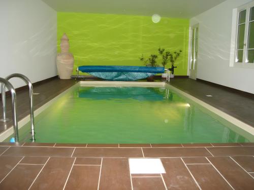 a swimming pool in a room with green walls at Gîte La Combe Verte in Ratières