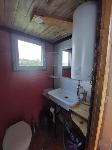 a bathroom with a sink and a toilet and a window at Tiny House LA TITITINY 