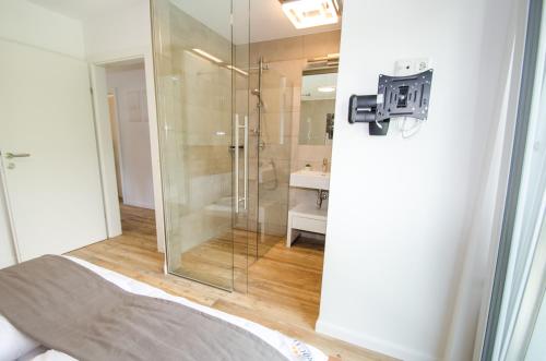 ein Badezimmer mit Glasdusche und Waschbecken in der Unterkunft Penthouse Waterside by All in One Apartments in Zell am See