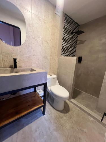 a bathroom with a sink and a toilet and a mirror at Adhoc Fundidora in Monterrey