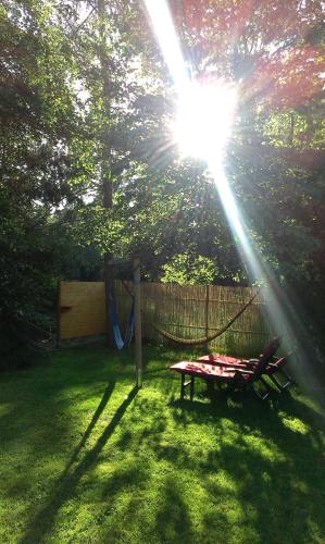 a sun flare shines over a picnic table in a yard at Pension Lachmann in Pfaffendorf