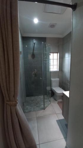 a bathroom with a glass shower with a toilet at Granny at Umgeni in Pretoria