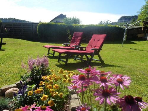 two red chairs sitting in a yard with flowers at Pension Lachmann in Pfaffendorf