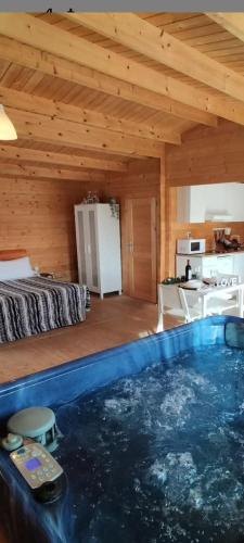 a large swimming pool in a room with a bed at Las Casas de Durón in Durón