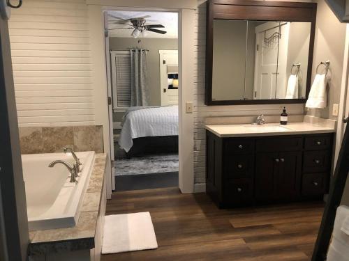 a bathroom with a tub and a sink and a mirror at Walnut Valley Farm guesthouse in Canton