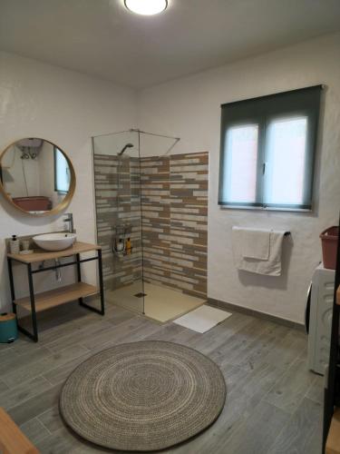 a bathroom with a shower and a sink and a mirror at La Herbolera Vv Apartamento in Teror