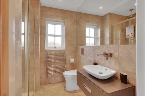 een badkamer met een wastafel, een toilet en een douche bij Sunrise View - North East Escapes in Long Houghton