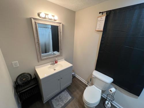 a bathroom with a sink and a toilet and a mirror at Minimalist-Modern Home with Keyless Entry and Parking in Fayetteville