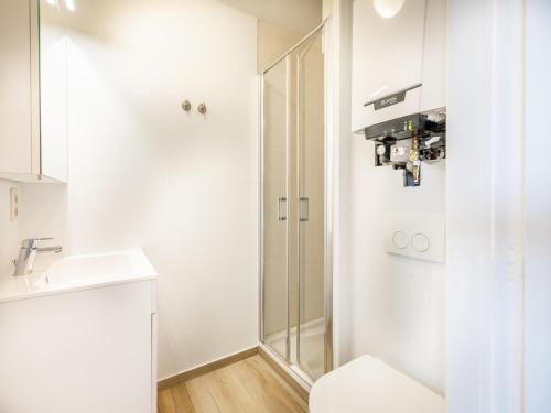 een badkamer met douche, toilet en wastafel bij Manderley tweede in Oostduinkerke-Bad