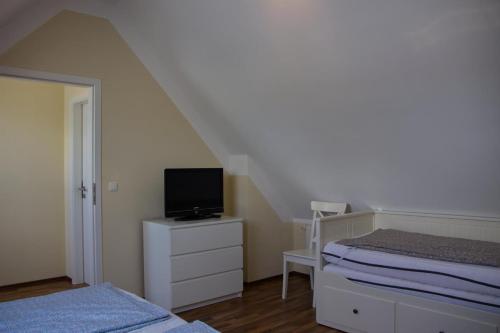 a bedroom with a bed and a tv on a dresser at Inselblume 07 - Ferienwohnung mit Hund an der Reiterkoppel in Neue Tiefe Fehmarn