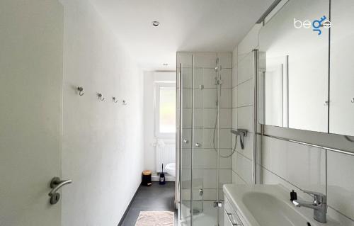 Un baño con ducha, lavabo e inodoro. en BEGE APARTMENTS PrimeWork, en Hagen