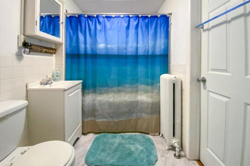 a bathroom with a shower with a blue shower curtain at Idyllic Rochester Apt with Hot Tub 2 Miles to Dtwn! in Rochester