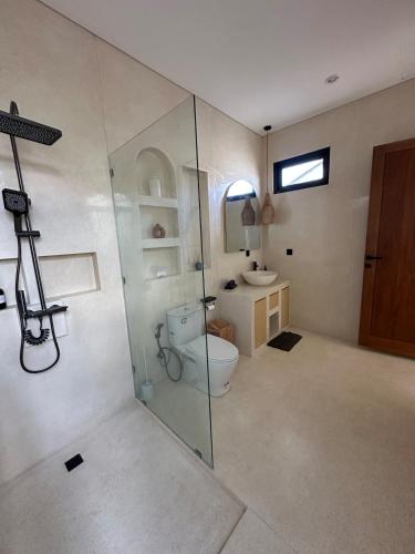 a bathroom with a toilet and a glass shower at VILLA DAHO Mediterranean Elegance in Ungasan
